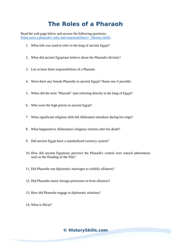 The Roles of an Egyptian Pharaoh Reading Questions Worksheet