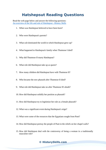 Hatshepsut Reading Questions Worksheet