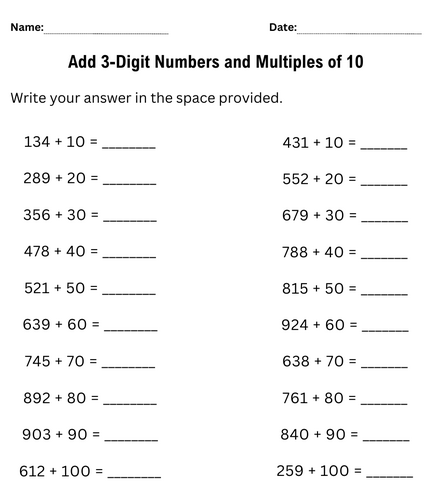Printable adding multiples of 10 to a 3 digit number worksheet first grade