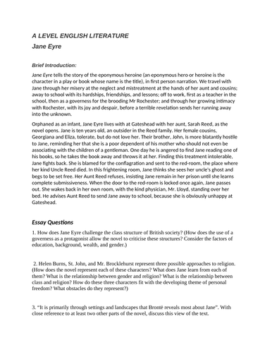 A LEVEL ENGLISH LITERATURE revision notes Jane Eyre