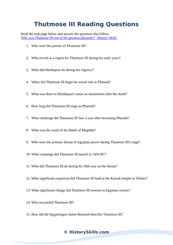 Thutmose III Reading Questions Worksheet