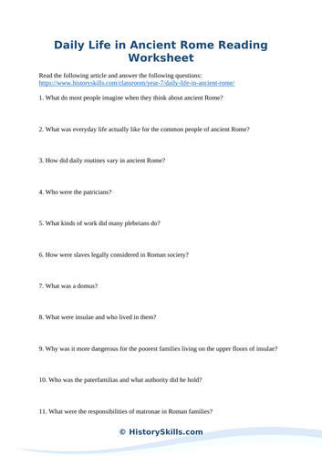 Daily Life in Ancient Rome Reading Worksheet