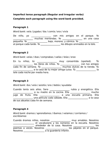 Imperfect tense paragraph (Regular and Irregular verbs)