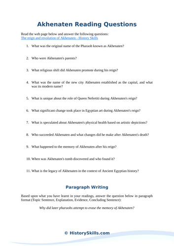 Akhenaten Reading Questions Worksheet