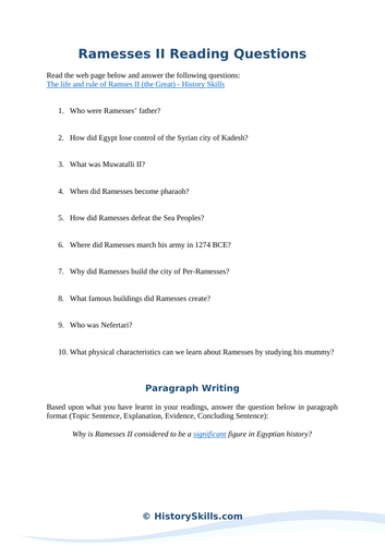 Ramesses II Reading Questions Worksheet