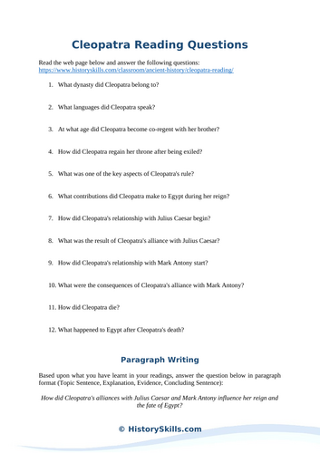 Cleopatra Reading Questions Worksheet