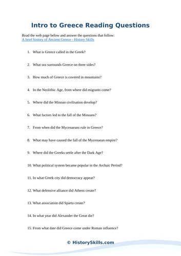 Overview of Ancient Greek History Reading Questions Worksheet