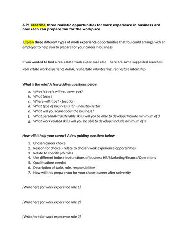 BTEC L3 Business - Unit 23 Assignment 1 - Template (Work Experience)