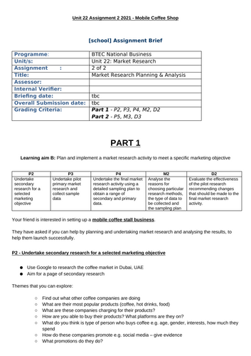 BTEC L3 Business - Unit 22 Assignment 2 - Template (Market Research)