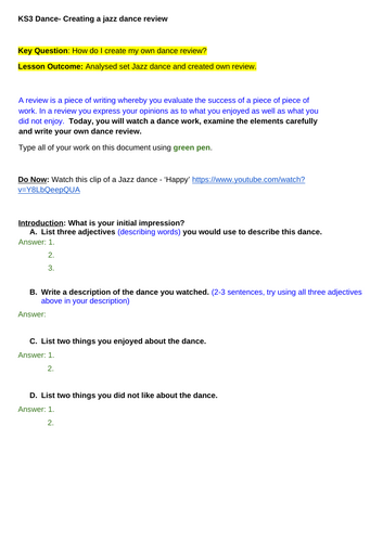 KS3 Dance- Jazz Dance Review written lesson