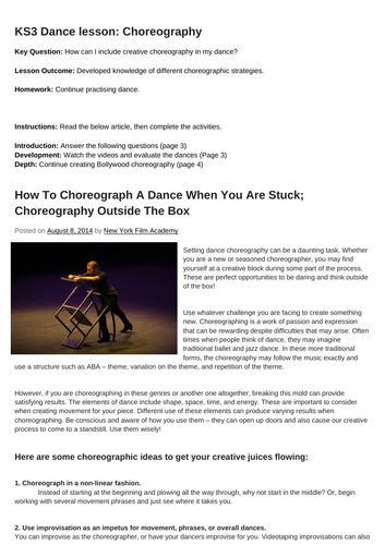 KS3 Dance- written lesson on creating choreography and what to do when you're stuck.