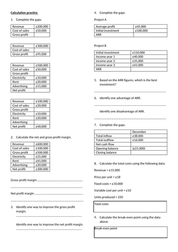 Worksheet - Finance calculations and answers