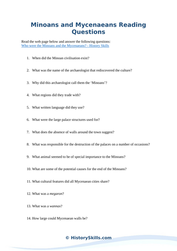 Minoans and Mycenaeans Reading Questions Worksheet
