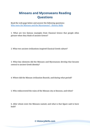 Minoans and Mycenaeans Reading Questions Worksheet