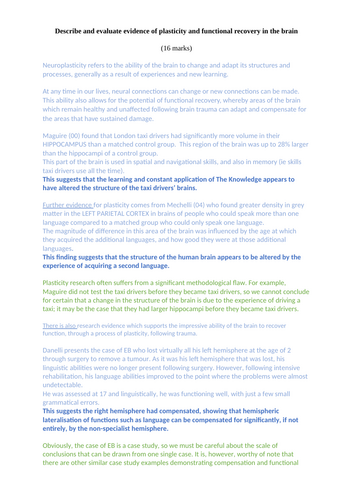 AQA A Level - Model answer (teacher written) - Describe & evaluate evidence of neuroplasticity
