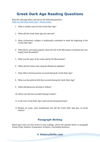 Greek Dark Age Reading Questions Worksheet