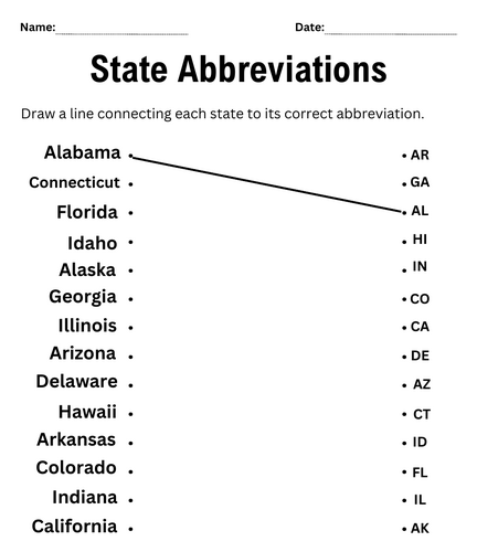 list of us state abbreviations worksheet - state abbreviation matching Sheets
