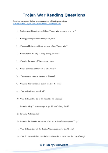 Trojan War Reading Questions Worksheet