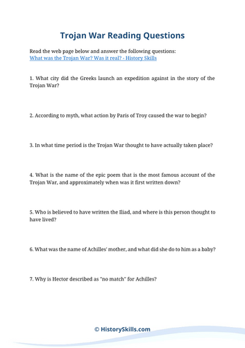 Trojan War Reading Questions Worksheet