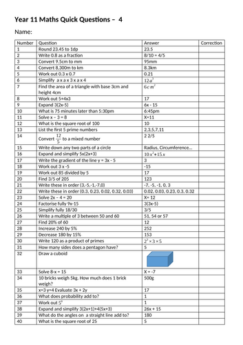 Foundation Maths Revision 100 Quick Questions Set 1 - Day 4