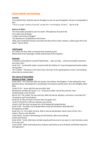 GCSE AQA Religious Studies (Short Course) Quote Sheet for Islam Beliefs and Teachings