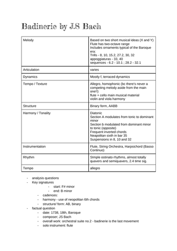 GCSE Music Notes: Badinerie (Bach) and Essay Question Prep