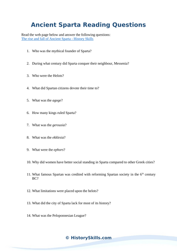 Rise and Fall of Ancient Sparta Reading Questions Worksheet