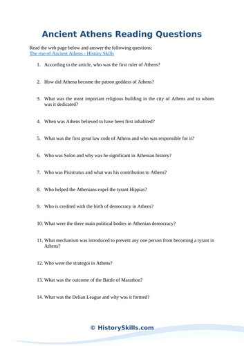 Ancient Athens Reading Questions Worksheet