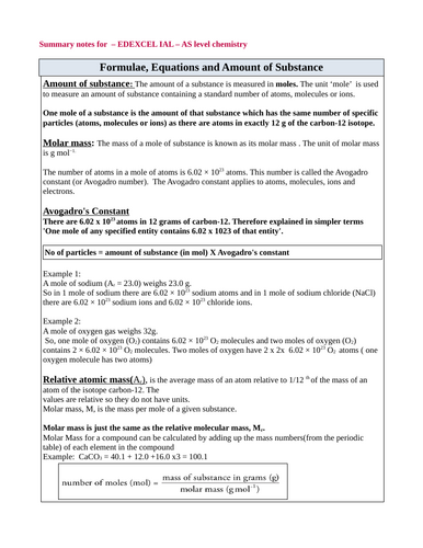 Summary notes for EDEXCEL IAL - AS level - Formulae, equations and Amount of substance