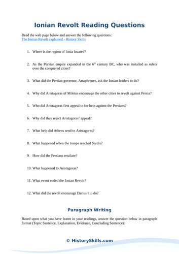 Ionian Revolt Reading Questions Worksheet