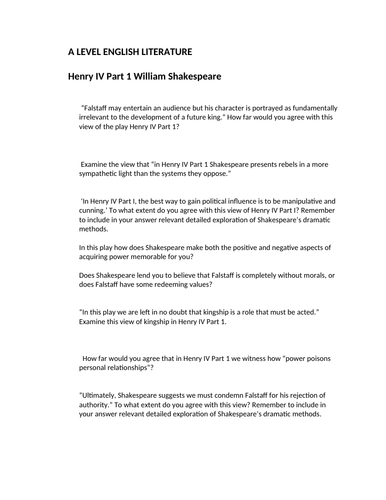 Exam Questions A LEVEL English Literature "Henry IV Part I" | Teaching ...