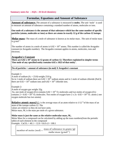 Amount of substance summary notes for AQA - AS level new specification