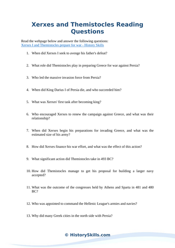 Between the Persian Wars: Xerxes and Themistocles Reading Questions Worksheet