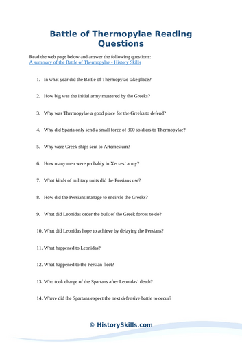 Battle of Thermopylae Reading Questions Worksheet