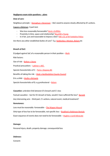 Plans for answering tort questions Paper 2