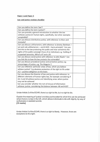 Revision checklists for law and society question 9 topics