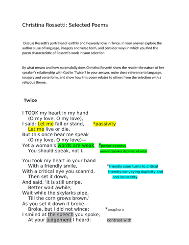 "Twice" Christina Rossetti: OCR A LEVEL ENGLISH LITERATURE analysis