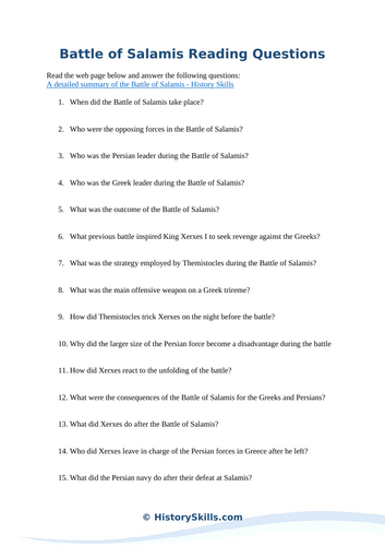 Battle of Salamis Reading Questions Worksheet