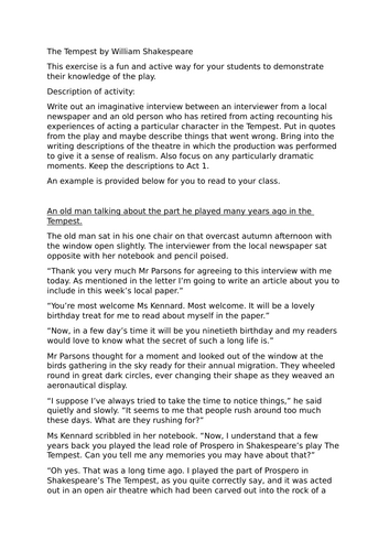 The Tempest by Shakespeare - news article interview