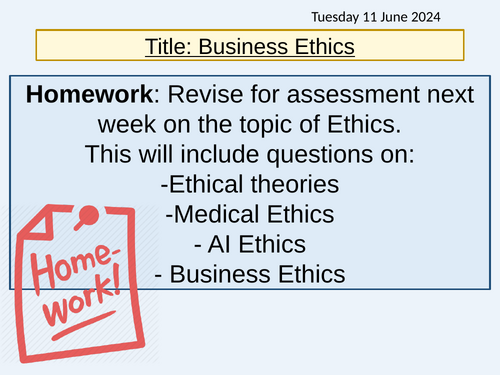 Ethics - Business Ethics: Lesson 4 Resource - Includes FREE revision homework  booklet