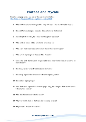Battles of Plataea and Mycale Reading Questions Worksheet