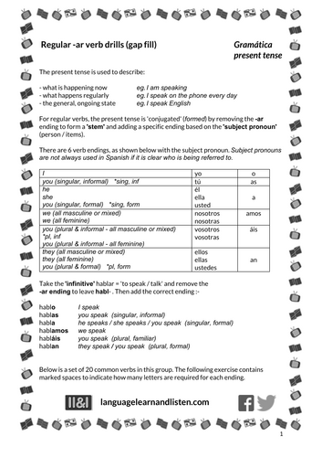 Spanish - Verb drills (gap fills) - present tense regular -ar verbs