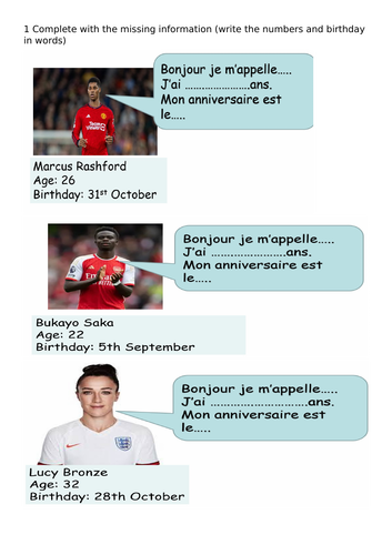 Les joueurs de football (recap introducing yourself, saying your age and when your birthday is)