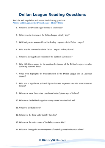 Athens' Golden Age and the Delian League Reading Questions Worksheet