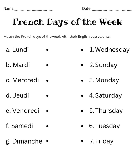 matching french days of the week worksheet - days of the week in french and english