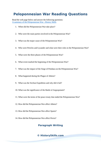 Peloponnesian War Reading Questions Worksheet