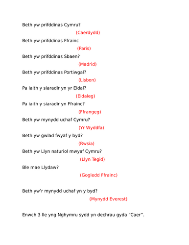Home School Welsh Language: QUIZ - general knowledge: CWIS GWYBODAETH CYFFREDINOL