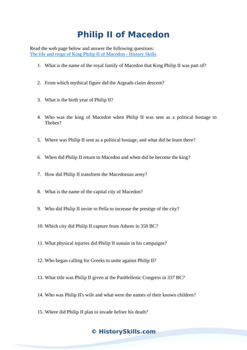 Philip II of Macedon Reading Questions Worksheet