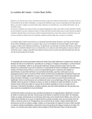 La sombra del viento – Carlos Ruiz Zafón: A LEVEL SPANISH a bank of essay questions