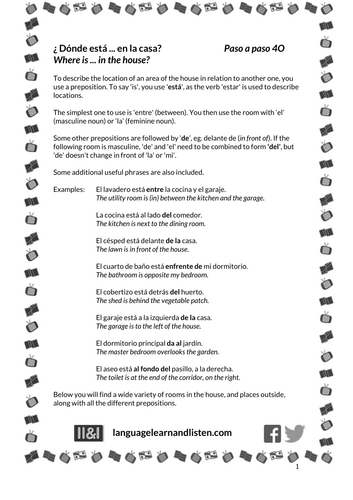 Spanish - Rooms / prepositions - ¿Dónde está ... en la casa? - Where is ... in the house?